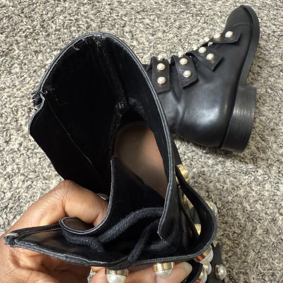 Zara Leather COMBAT Boots Black Pearl DECOR Strap Lace up Zip EU 37 US 6.5 READ - Picture 8 of 11